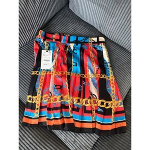 Zara Pleated Chain Print Midi Skirt XL Red Blue Black Gold